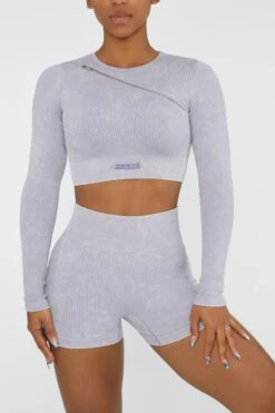 Long Sleeve High Neck Zip Crop Top In Lilac -Sculpt Sets Body BT0415 1 Agile Lilac Ribbed Acid Wash Long Sleeve Crop Top