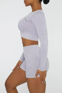 Long Sleeve High Neck Zip Crop Top In Lilac -Sculpt Sets Body BT0415 2 Agile Lilac Ribbed Acid Wash Long Sleeve Crop Top