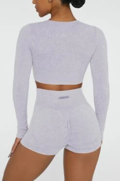 Long Sleeve High Neck Zip Crop Top In Lilac -Sculpt Sets Body BT0415 3 Agile Lilac Ribbed Acid Wash Long Sleeve Crop Top