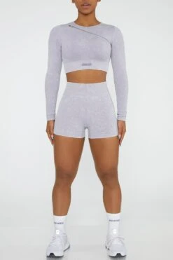 Long Sleeve High Neck Zip Crop Top In Lilac -Sculpt Sets Body BT0415 5 Agile Lilac Ribbed Acid Wash Long Sleeve Crop Top