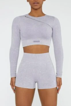 Long Sleeve High Neck Zip Crop Top In Lilac -Sculpt Sets Body BT0415 6 Ride Lilac Ribbed Acid Wash Short