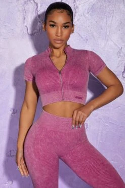 Short Sleeve Zip Crop Top In Dark Pink 16 Short Sleeve Zip Crop Top In Dark Pink -Sculpt Sets Body BT0417 0 Chase Dark Pink Cuff Sleeve Zip Up Crop Top