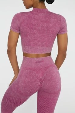 Short Sleeve Zip Crop Top In Dark Pink 12 Short Sleeve Zip Crop Top In Dark Pink -Sculpt Sets Body BT0417 2 Chase Dark Pink Cuff Sleeve Zip Up Crop Top