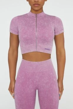 Short Sleeve Zip Crop Top In Pink -Sculpt Sets Body BT0417 2 Chase Pink Cuff Sleeve Zip Up Crop Top