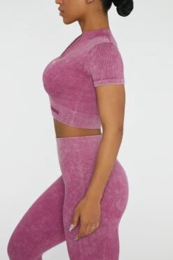 Short Sleeve Zip Crop Top In Dark Pink 13 Short Sleeve Zip Crop Top In Dark Pink -Sculpt Sets Body BT0417 3 Chase Dark Pink Cuff Sleeve Zip Up Crop Top