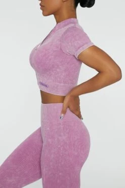 Short Sleeve Zip Crop Top In Pink -Sculpt Sets Body BT0417 3 Chase Pink Cuff Sleeve Zip Up Crop Top