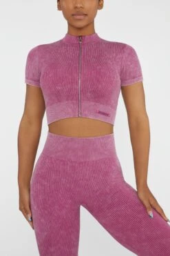 Short Sleeve Zip Crop Top In Dark Pink 15 Short Sleeve Zip Crop Top In Dark Pink -Sculpt Sets Body BT0417 4 Chase Dark Pink Cuff Sleeve Zip Up Crop Top