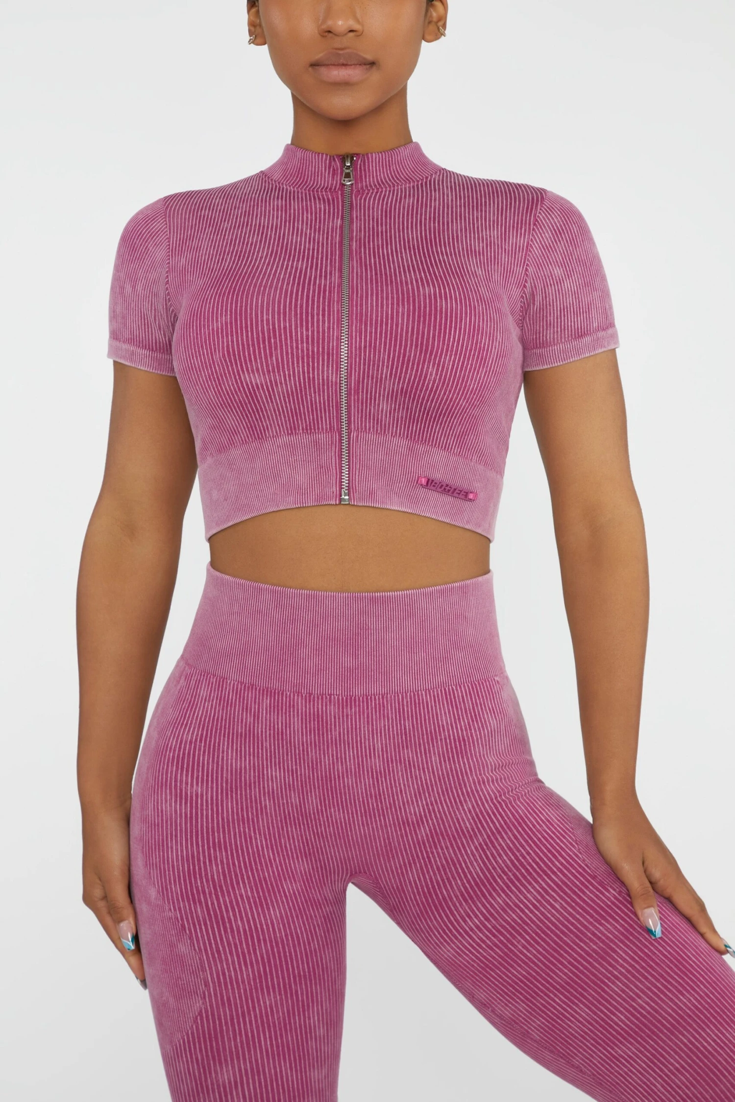 Short Sleeve Zip Crop Top In Dark Pink 8 Short Sleeve Zip Crop Top In Dark Pink - Image 6