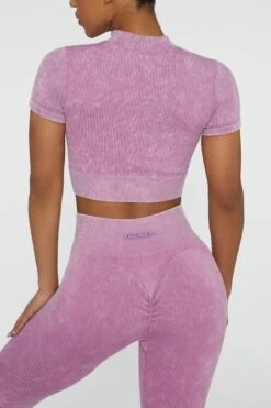 Short Sleeve Zip Crop Top In Pink -Sculpt Sets Body BT0417 4 Chase Pink Cuff Sleeve Zip Up Crop Top