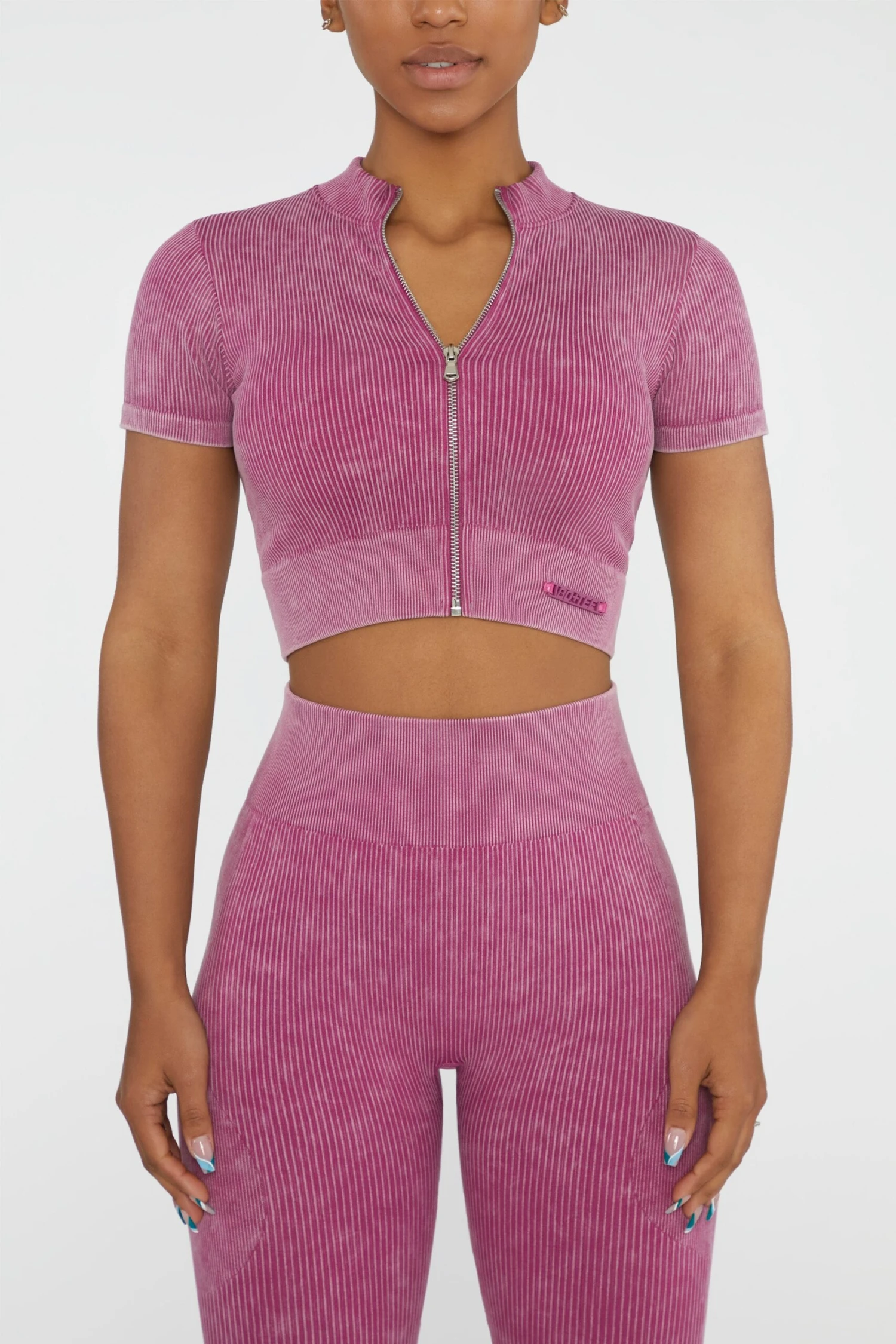 Short Sleeve Zip Crop Top In Dark Pink 4 Short Sleeve Zip Crop Top In Dark Pink - Image 2