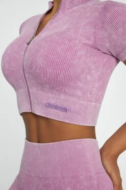 Short Sleeve Zip Crop Top In Pink -Sculpt Sets Body BT0417 5 Chase Pink Cuff Sleeve Zip Up Crop Top