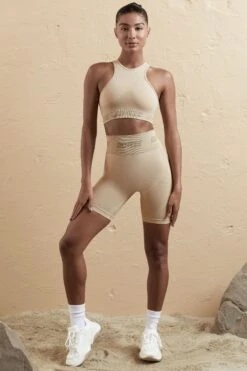 Seamless High Waist Biker Shorts In Beige -Sculpt Sets Body BT0598 BT0608 1 Brown Biker Shorts Sports Crop Top