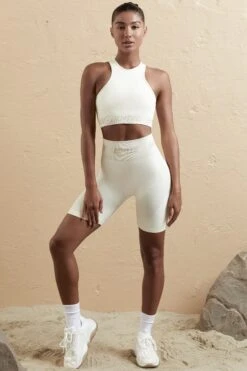 Seamless High Waist Biker Shorts In Cream 12 Seamless High Waist Biker Shorts In Cream -Sculpt Sets Body BT0598 BT0608 1 White Biker Shorts Sports Crop Top