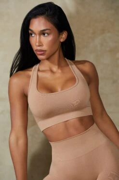 Cut Out Define Luxe Sports Bra In Warm Taupe