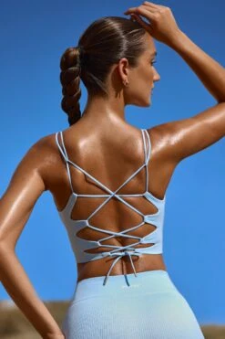 Plunge Neck Open Back FlexiRib Sports Bra In Sky Blue