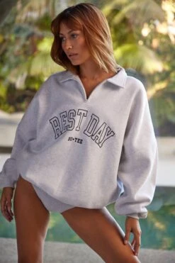 Oversized Half Zip Sweatshirt In Heather Grey -Sculpt Sets Body BT0783 3 Rest Day Heather Grey Oversized Sweater