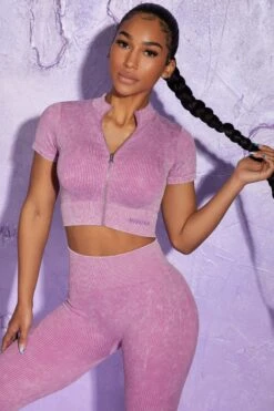 Short Sleeve Zip Crop Top In Pink