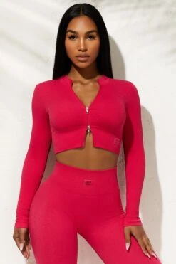 Long Sleeve Zip Crop Top In Hot Pink