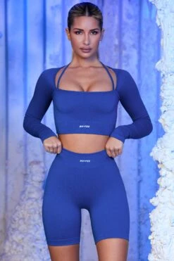 Strap Detail Long Sleeve Crop Top In Blue -Sculpt Sets Body blue 19
