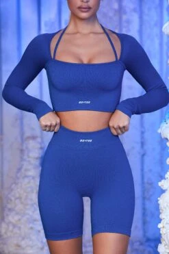 Strap Detail Long Sleeve Crop Top In Blue -Sculpt Sets Body blue 21