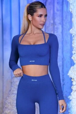 Strap Detail Long Sleeve Crop Top In Blue -Sculpt Sets Body blue 23