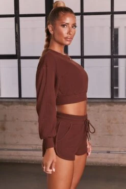 Ribbed Mini Shorts In Chocolate Brown 8 Ribbed Mini Shorts In Chocolate Brown -Sculpt Sets Body bt0039 bt0038 2 loosen up at ease dark brown ribbed crop top sweatshirt drawstring shorts sports gym wear athleisure two piece set