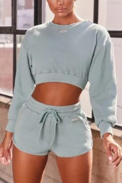 Ribbed Mini Shorts In Teal -Sculpt Sets Body bt0039 bt0038 3 loosen up at ease blue ribbed crop top sweatshirt drawstring shorts sports gym wear athleisure two piece set 1