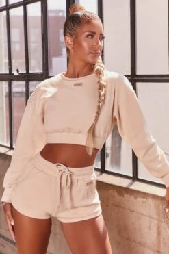 Ribbed Mini Shorts In Cream -Sculpt Sets Body bt0039 bt0038 3 loosen up at ease cream ribbed crop top sweatshirt drawstring shorts sports gym wear athleisure two piece set