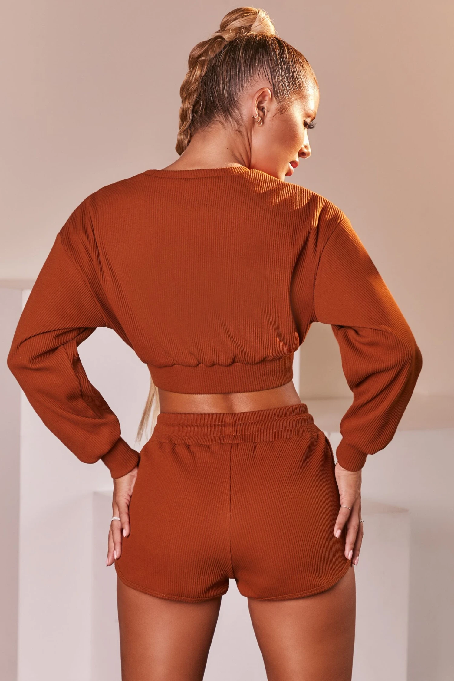 Ribbed Mini Shorts In Light Brown 5 Ribbed Mini Shorts In Light Brown - Image 3