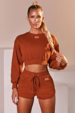 Ribbed Mini Shorts In Light Brown 9 Ribbed Mini Shorts In Light Brown -Sculpt Sets Body bt0039 bt0038 4 loosen up at ease light brown ribbed crop top sweatshirt drawstring shorts sports gym wear athleisure two piece set