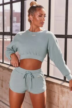 Ribbed Mini Shorts In Teal -Sculpt Sets Body bt0039 bt0038 6 loosen up at ease blue ribbed crop top sweatshirt drawstring shorts sports gym wear athleisure two piece set