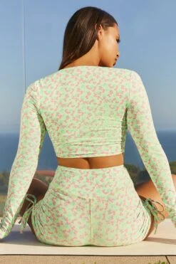 Growth Slinky Long Sleeve Crop Top In Green -Sculpt Sets Body bt0061 5 growth green long sleeve cross over bust flattering floral crop top