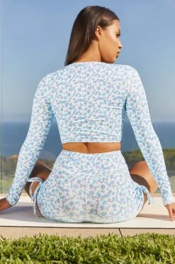 Growth Slinky Long Sleeve Crop Top In Blue -Sculpt Sets Body bt0061 6 growth blue long sleeve cross over bust flattering floral crop top