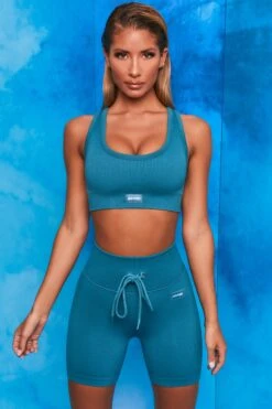 On Repeat Ribbed Tie Front Cycling Shorts In Teal -Sculpt Sets Body bt0100 bt0105 3 shape on repeat teal racer back sports bra high wasit tie front cycling shorts sportswear set