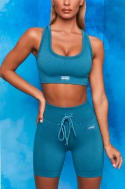 On Repeat Ribbed Tie Front Cycling Shorts In Teal -Sculpt Sets Body bt0100 bt0105 4 shape on repeat teal racer back sports bra high wasit tie front cycling shorts sportswear set