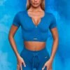 Results Ribbed Tie Front Mini Shorts In Blue 2 Results Ribbed Tie Front Mini Shorts In Blue -Sculpt Sets Body bt0102 bt0104 1 perform results dark grey zip front short sleeve crop top tie front shorts sportswear set 3