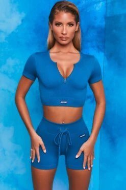 Results Ribbed Tie Front Mini Shorts In Blue