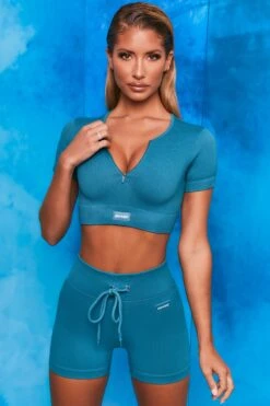Results Ribbed Tie Front Mini Shorts In Teal