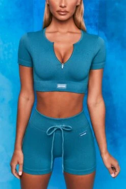 Results Ribbed Tie Front Mini Shorts In Teal -Sculpt Sets Body bt0102 bt0104 6 perform results teal zip front short sleeve crop top tie front shorts sportswear set 1