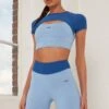 Contrast Waist Cycle Shorts In Blue 1 Contrast Waist Cycle Shorts In Blue -Sculpt Sets Body bt0145 bt0149 1 renew transition blue short sleeve cut open front top cycling shorts sport set