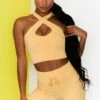 Ribbed Tie Front Mini Shorts In Yellow -Sculpt Sets Body bt0301 bt0303 2 move it adapt yellow high waist draw string ribbed cycle shorts cross strap ribbed crop top 2