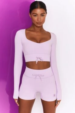 Time Check Ribbed Long Sleeve Crop Top In Lilac