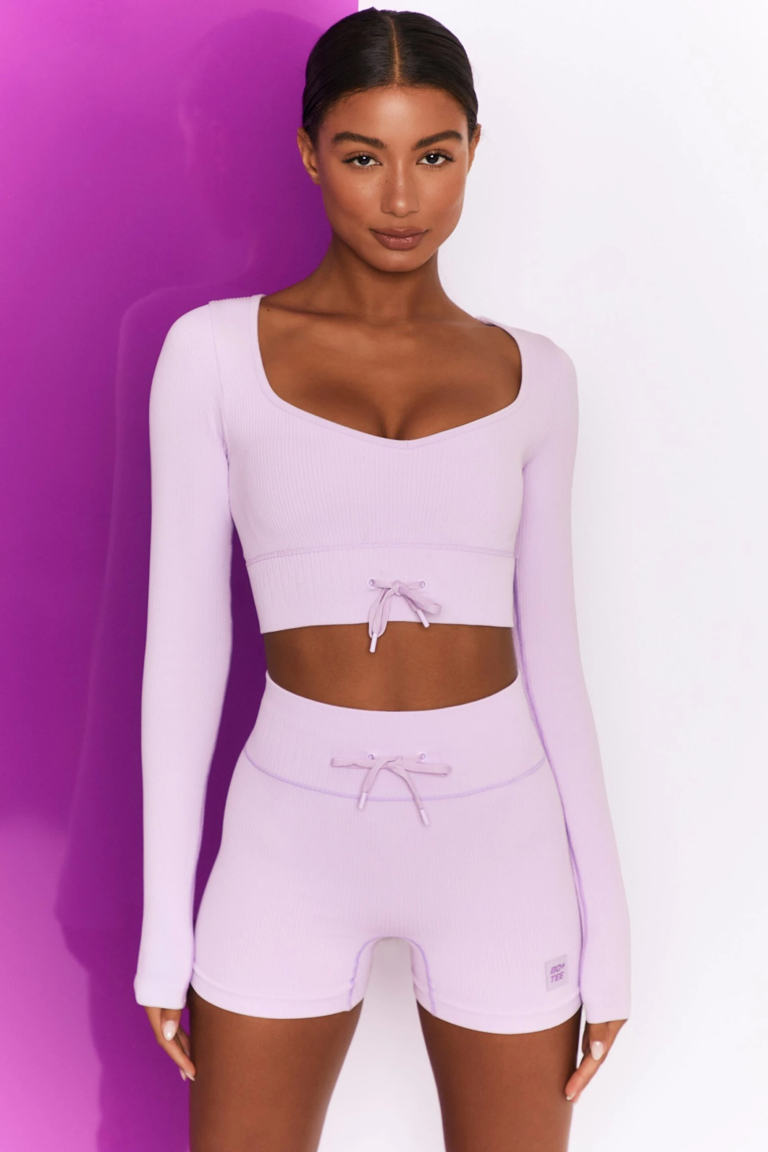 Time Check Ribbed Long Sleeve Crop Top In Lilac 3 Time Check Ribbed Long Sleeve Crop Top In Lilac