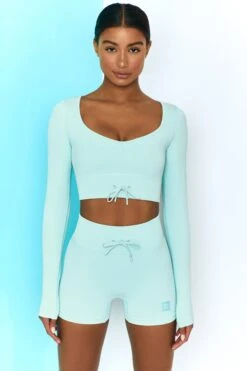 Time Check Ribbed Long Sleeve Crop Top In Light Blue -Sculpt Sets Body bt0301 bt0306 1 move it time check light blue long sleeved strap crop top tie front shorts ribbed pastel
