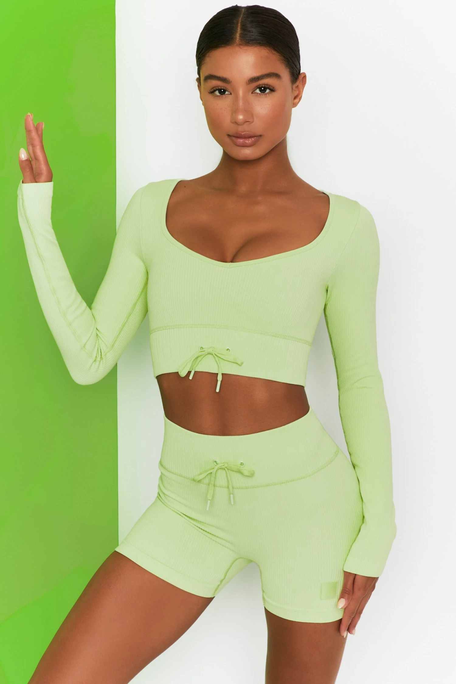 Time Check Ribbed Long Sleeve Crop Top In Lime 8 Time Check Ribbed Long Sleeve Crop Top In Lime - Image 6
