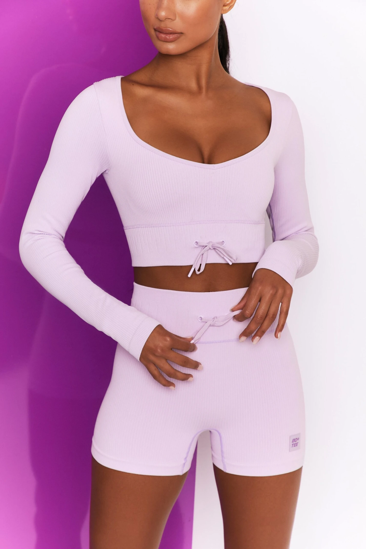 Time Check Ribbed Long Sleeve Crop Top In Lilac 7 Time Check Ribbed Long Sleeve Crop Top In Lilac - Image 5