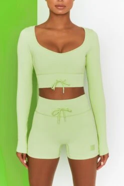 Time Check Ribbed Long Sleeve Crop Top In Lime 11 Time Check Ribbed Long Sleeve Crop Top In Lime -Sculpt Sets Body bt0301 bt0306 4 move it time check lime high waist draw string ribbed cycle shorts long sleeved strap crop top 2