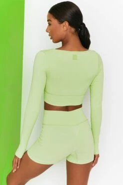 Time Check Ribbed Long Sleeve Crop Top In Lime 10 Time Check Ribbed Long Sleeve Crop Top In Lime -Sculpt Sets Body bt0301 bt0306 6 move it time check lime high waist draw string ribbed cycle shorts long sleeved strap crop top 2