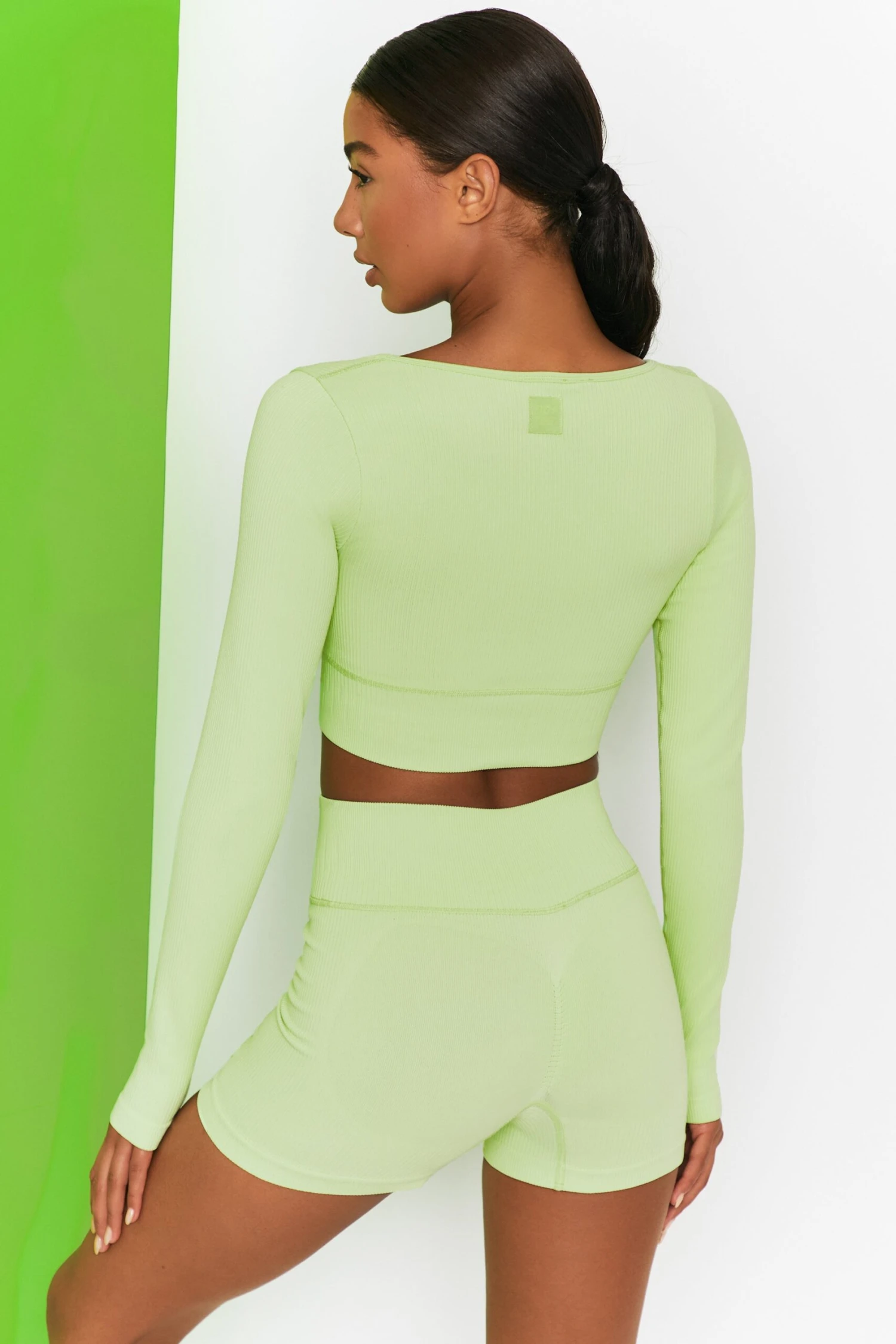 Time Check Ribbed Long Sleeve Crop Top In Lime 5 Time Check Ribbed Long Sleeve Crop Top In Lime - Image 3