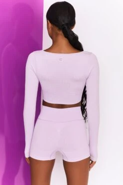 Time Check Ribbed Long Sleeve Crop Top In Lilac 10 Time Check Ribbed Long Sleeve Crop Top In Lilac -Sculpt Sets Body bt0301 bt0306 7 move it time check lilac high waist draw string ribbed cycle shorts long sleeved strap crop top 3